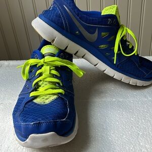 Nike Flex 2013 Run jog Mens lace up sneakers fitsole cushion size 9 blue/lime
